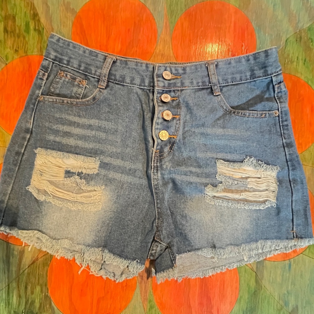 Button Fly Cut Off Distressed Blue Jean Shorts, Size 31 NO STRETCH